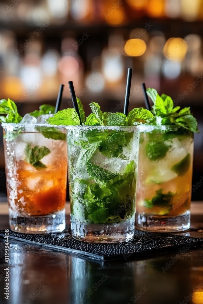 National Mojito Day Refreshing summer cocktails with mint and ice on a bar counter National Mojito Day Refreshing summer cocktails with mint and ice on a bar counter