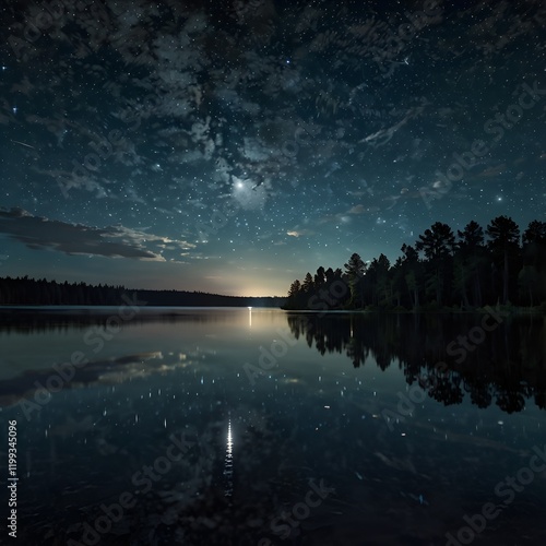 Starry night sky and a lake