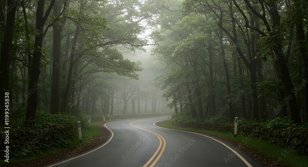 Fototapeta premium A misty winding road surrounded by dense green forest, creating a serene and mysterious atmosphere.