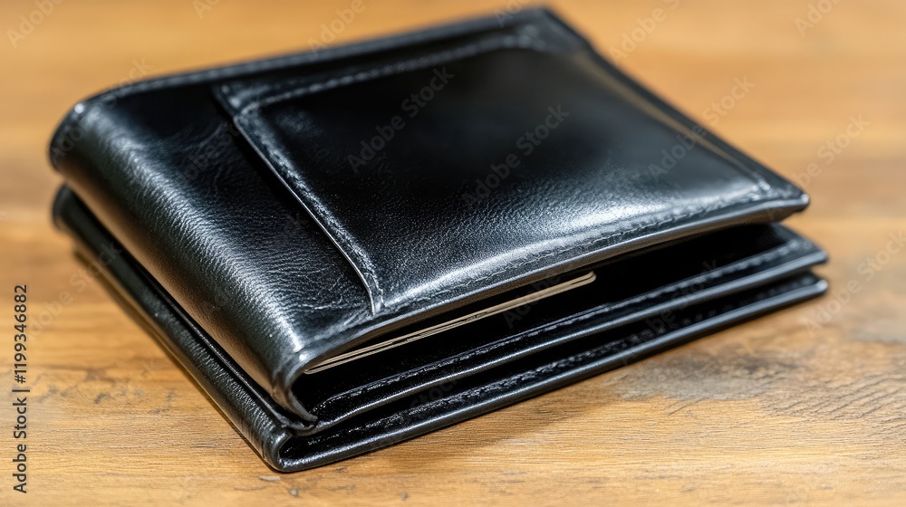 A trifold wallet with a classic design, open to reveal multiple compartments for cash and cards A trifold wallet with a classic design, open to reveal multiple compartments for cash and cards