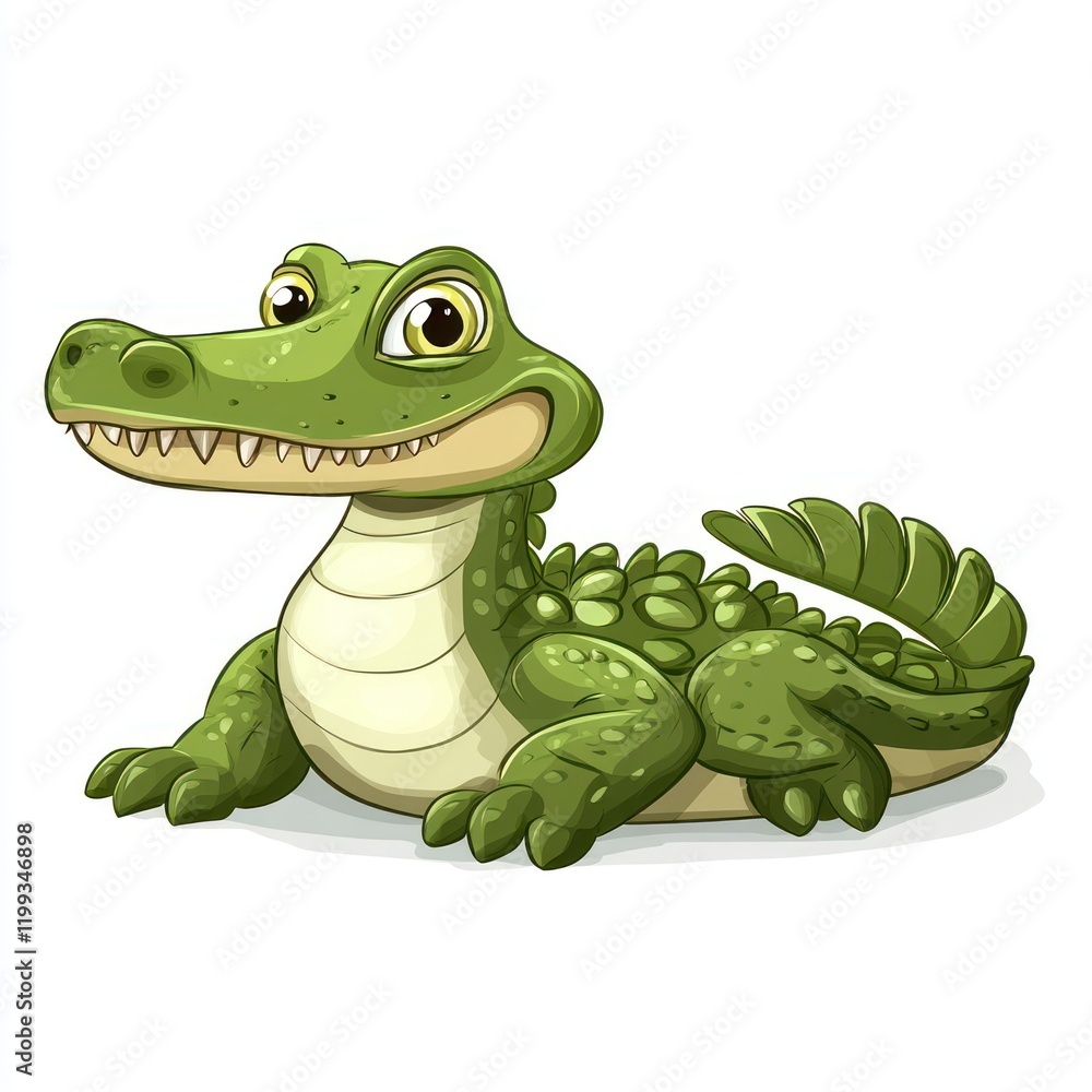 Fototapeta premium Cartoon green crocodile lying down, isolated on white background, for children's use
