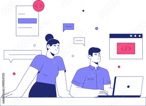 Male And Female Characters Collaborating On Coding Project In Flat Vector Illustration Symbolizing Teamwork, Programming, And Software Development, Isolated On White Background.