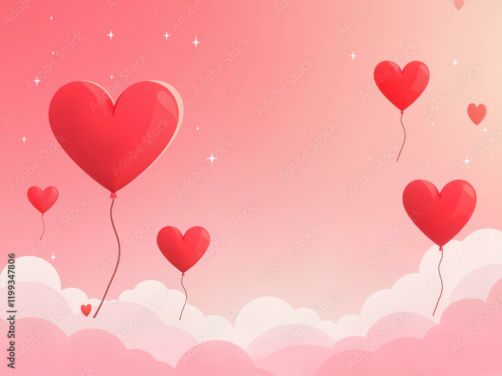 Flat Saint Valentine Background with Heart-Shaped Balloons Floating in the Sky on a Pink and Red Gradient with Minimalist Clouds and Sparkles Flat Saint Valentine Background with Heart-Shaped Balloons Floating in the Sky on a Pink and Red Gradient with Minimalist Clouds and Sparkles
