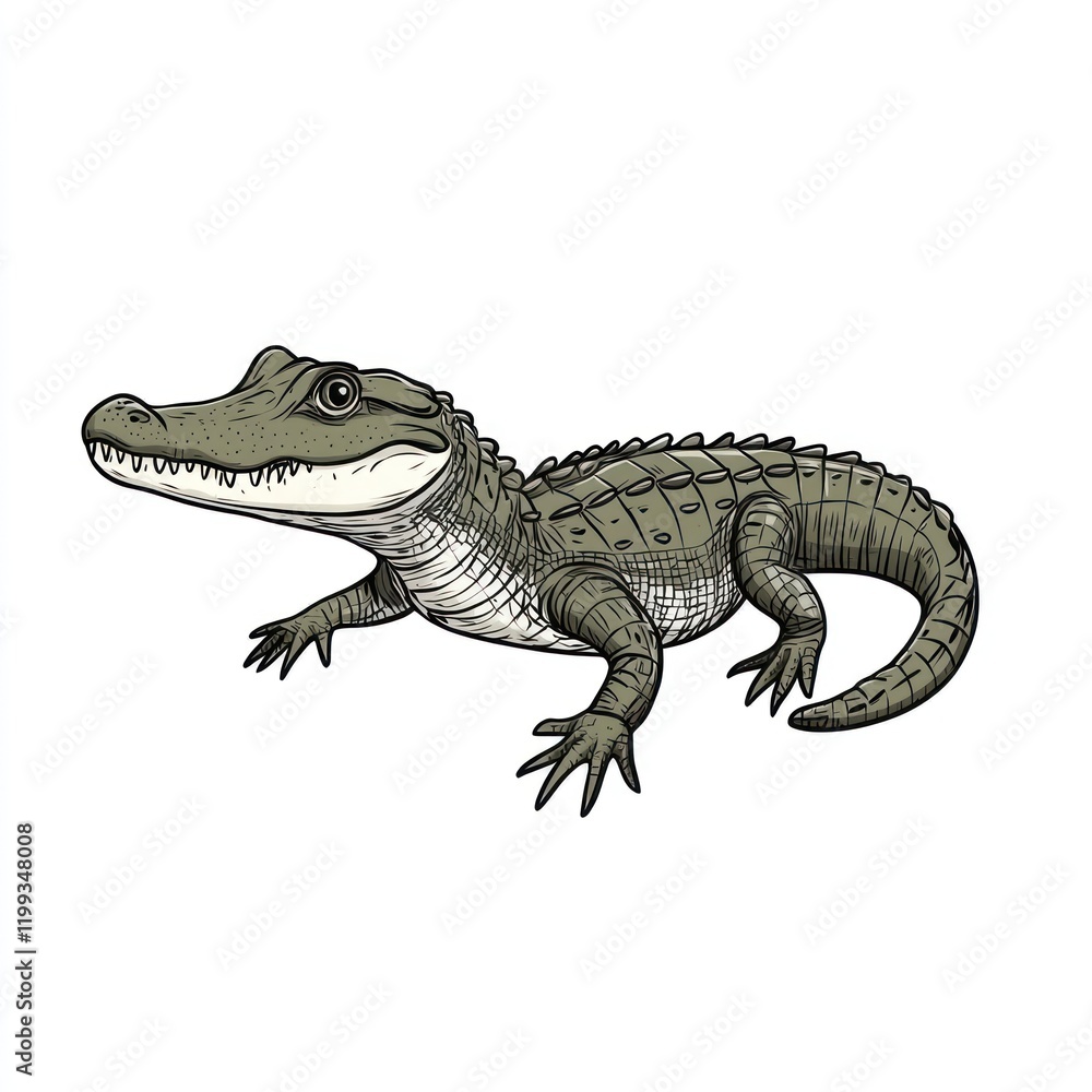 Obraz premium Alligator drawing, side view, isolated, simple white background, for children's books