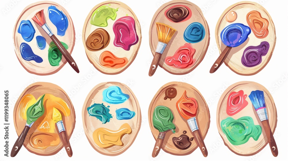 Fototapeta premium Vibrant Palettes and Brushes on White Background for Creative Projects