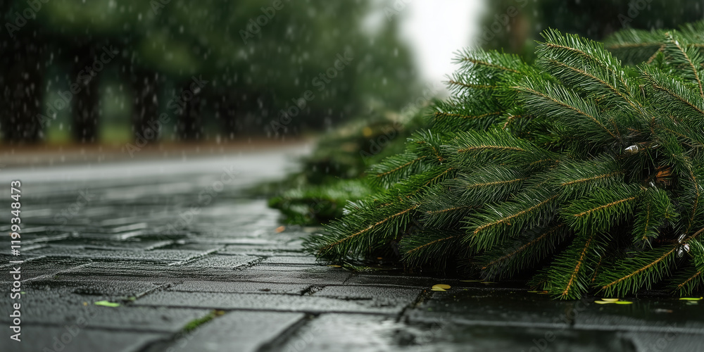 Fototapeta premium Wet sidewalk with pine branch in rain. Christmas and winter season background
