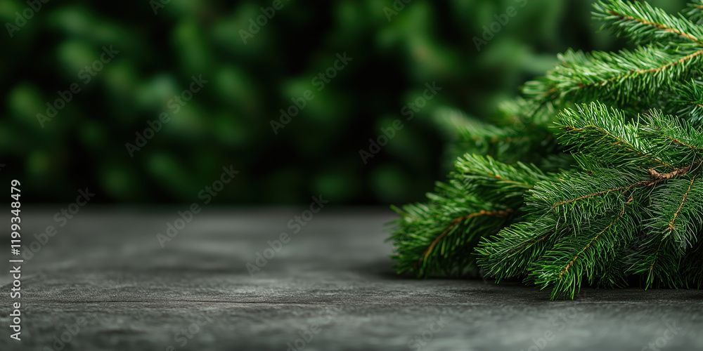 Pine branch on gray concrete surface. Holiday and christmas design background Pine branch on gray concrete surface. Holiday and christmas design background