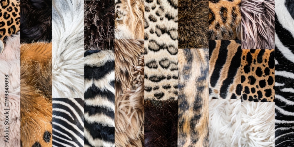 Diverse collection of animal furs featuring leopard, zebra, and tiger patterns Diverse collection of animal furs featuring leopard, zebra, and tiger patterns