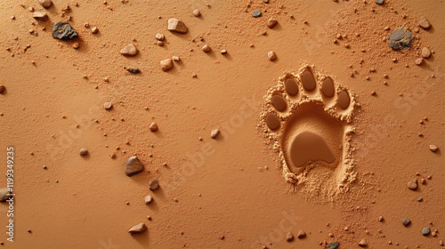 Bear footprint in orange sand with rocks. Nature and wildlife tracking content photo