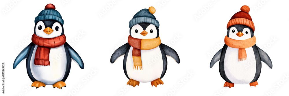 Fototapeta premium Cute penguins wearing winter hats and scarves, perfect for seasonal decor