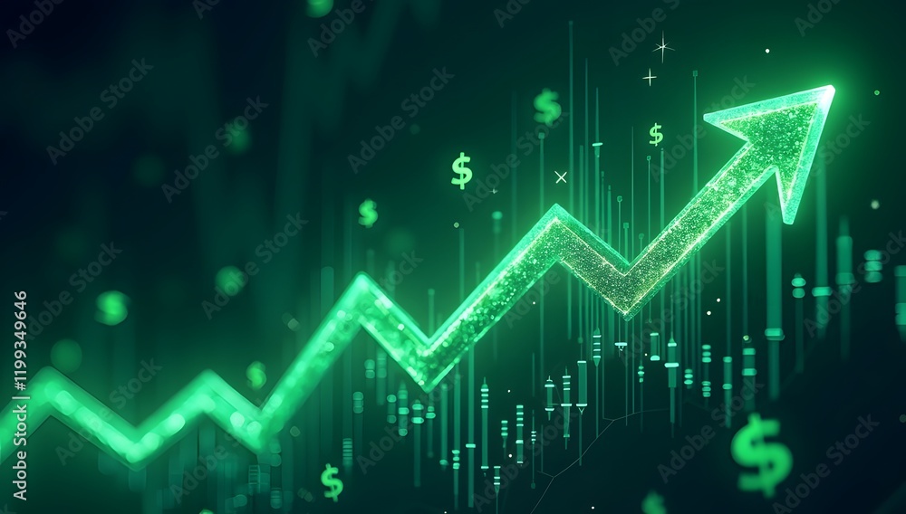 Naklejka premium Green arrows rising amidst glowing financial symbols, symbolizing market confidence and growth. AI-generated.
