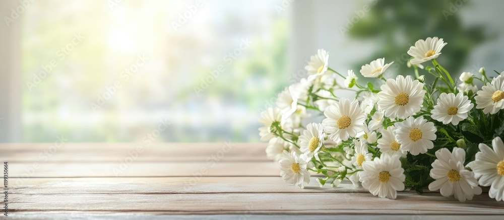 Delicate white flowers arranged on a rustic wooden table with a softly blurred green background and ample empty white space for text. Delicate white flowers arranged on a rustic wooden table with a softly blurred green background and ample empty white space for text.
