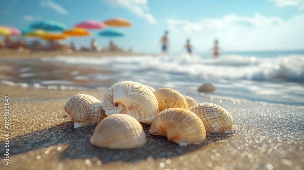 Colorful beach umbrellas shade families enjoying a sunny day while seashells decorate the shoreline. Generative AI Colorful beach umbrellas shade families enjoying a sunny day while seashells decorate the shoreline. Generative AI
