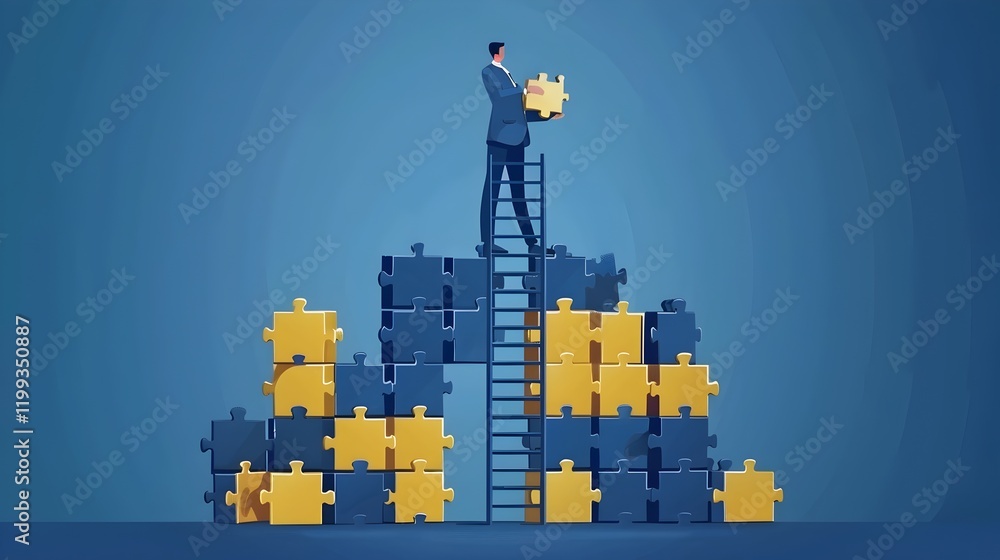 A Businessman Constructing a Ladder from Puzzle Blocks to Achieve Business Goals A Businessman Constructing a Ladder from Puzzle Blocks to Achieve Business Goals
