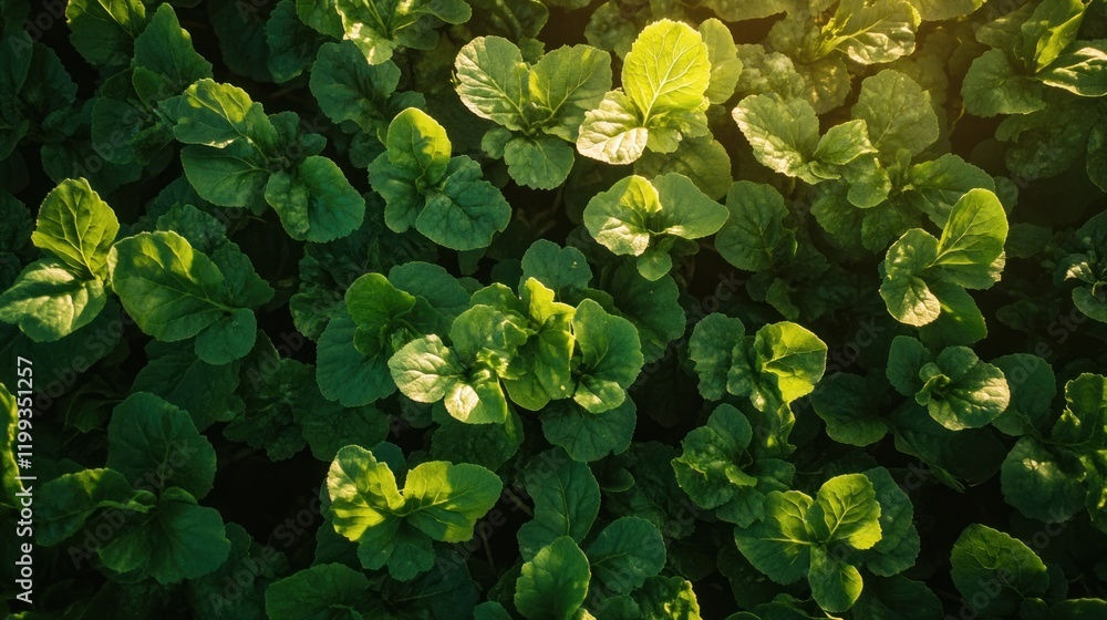 A vibrant close-up of lush green leaves under sunlight creating a textured pattern A vibrant close-up of lush green leaves under sunlight creating a textured pattern