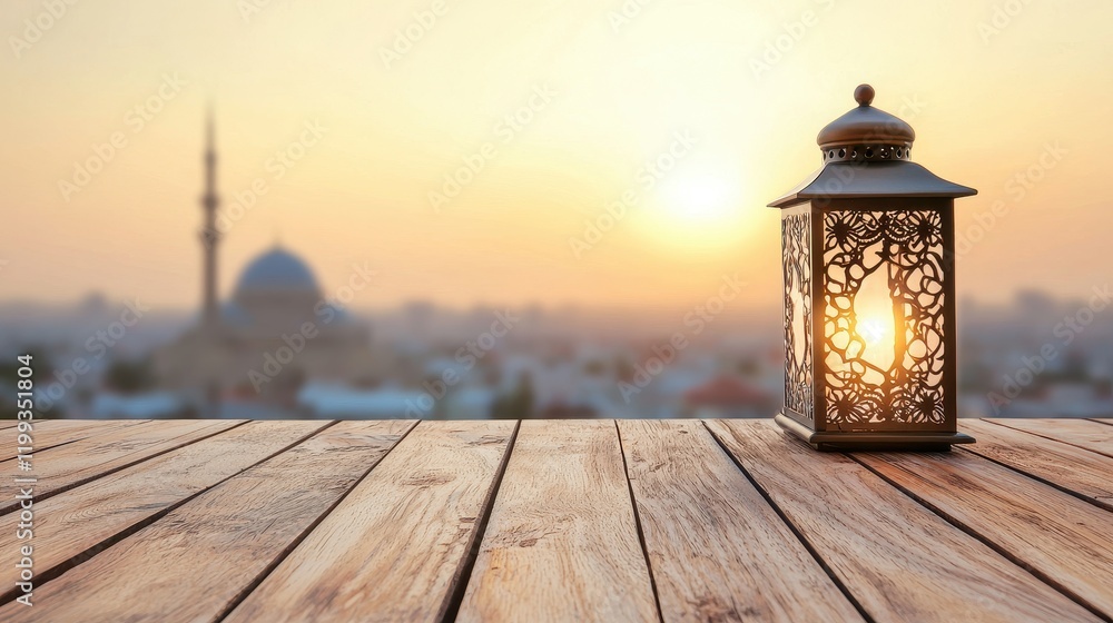 Ornate Lantern at Sunset Over Mosque Cityscape Ornate Lantern at Sunset Over Mosque Cityscape
