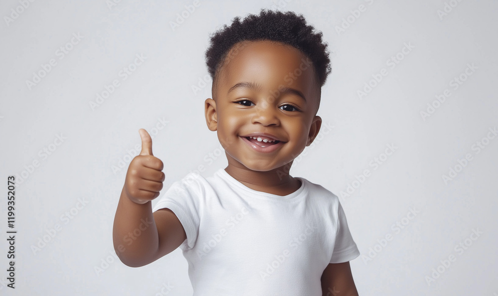 Happy Little Boy Showing Thumbs Up in White T-Shirt Mockup Happy Little Boy Showing Thumbs Up in White T-Shirt Mockup