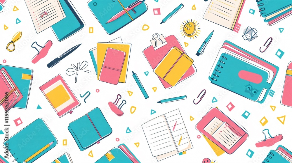 Creative Seamless Stationery Pattern for Notepads, Stickers, and Notebooks Creative Seamless Stationery Pattern for Notepads, Stickers, and Notebooks