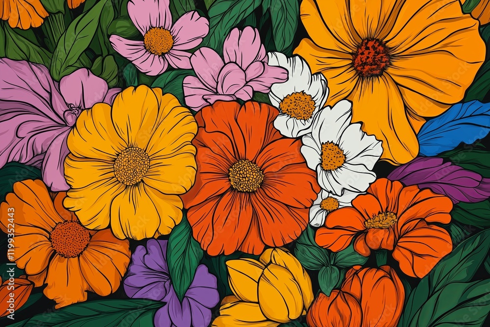 A flower bouquet with thick black outlines and vibrant, clashing colors A flower bouquet with thick black outlines and vibrant, clashing colors