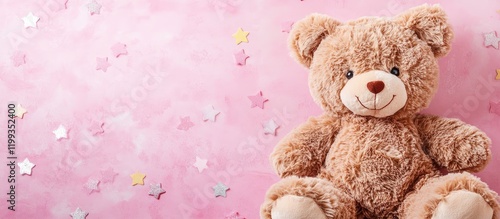 Fluffy brown teddy bear positioned on soft pink background adorned with colorful stars providing ample empty copy space for text