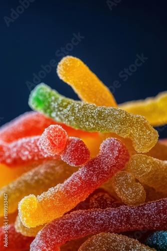 Colorful sugary gummy worms stacked against dark background photo