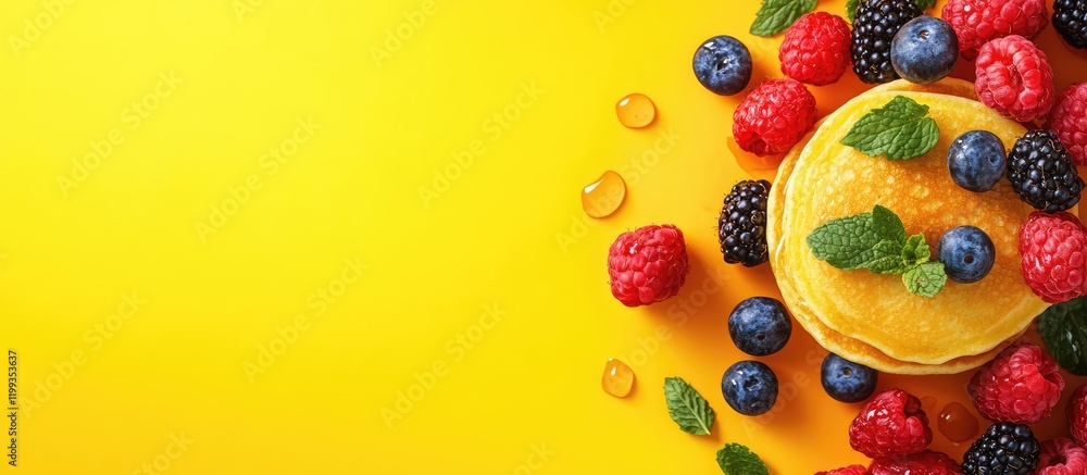 Colorful stack of fluffy pancakes with berries and mint against yellow background Colorful stack of fluffy pancakes with berries and mint against yellow background