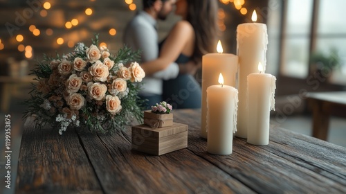 Romantic evening setting with couple, candles, flowers, and soft lighting in cozy atmosphere. Generative AI