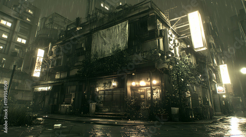 Atmospheric rainy night scene of a dimly lit, weathered building in a dense Asian city.  Perfect for film noir, mystery, or urban exploration themes.