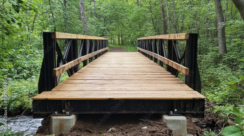 Wooden Pedestrian Bridge in a Lush Green Forest