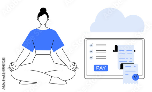 Woman in meditative pose, digital payment receipt on screen, cloud icon. Ideal for relaxation, digital payments, online transactions, e-commerce, mindfulness, technology integration digital