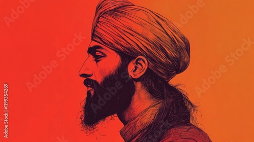 Spiritual Teachers Month Portrait of a young sikh male in bold red and orange artistic style