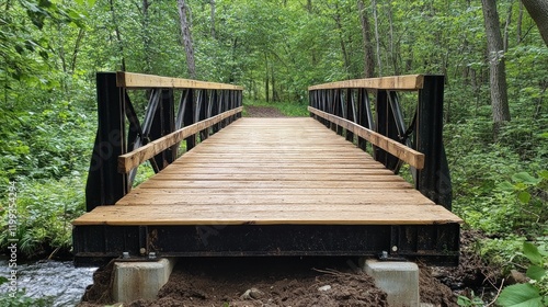 Wooden Pedestrian Bridge in a Lush Green Forest