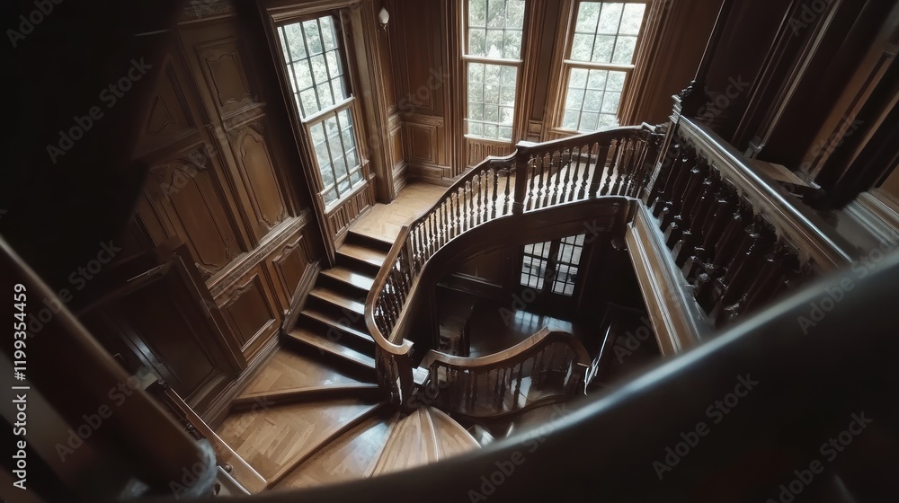 Obraz premium Grand Wooden Staircase in a Luxurious Mansion