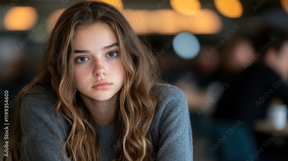 Obraz premium Caucasian female teen with long hair and gray sweater in cafe setting