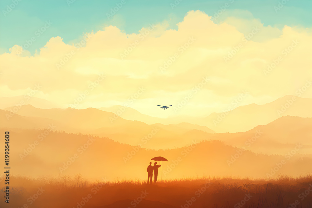 Silhouetted couple stands in a misty field, watching a small plane fly overhead at sunset. Golden hour light bathes the idyllic mountain landscape. Silhouetted couple stands in a misty field, watching a small plane fly overhead at sunset. Golden hour light bathes the idyllic mountain landscape.