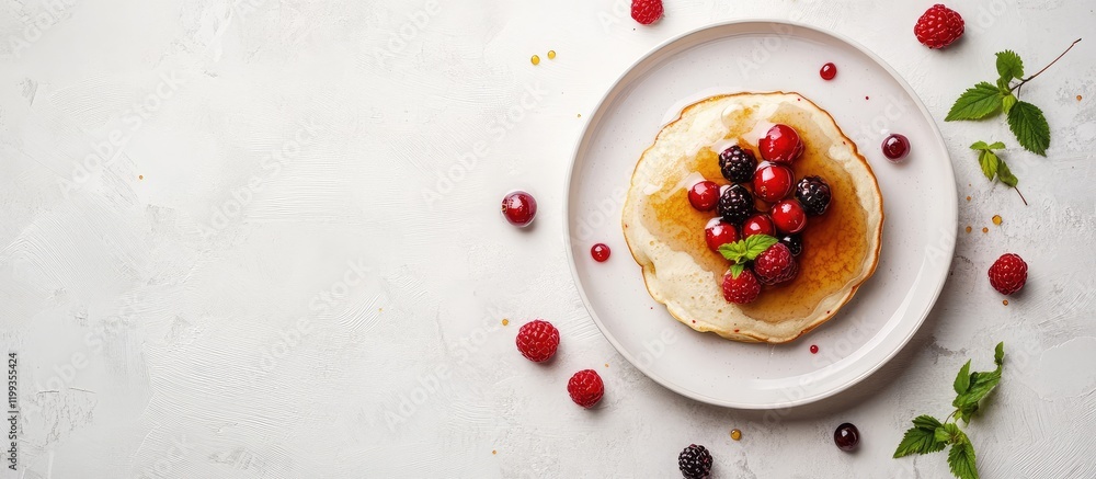 Plump pancakes garnished with mixed berries and syrup on a light backdrop Plump pancakes garnished with mixed berries and syrup on a light backdrop