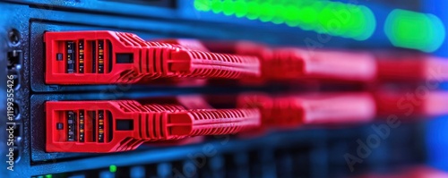 A close-up image of red network cables plugged into a server, illuminated by blue and green lights, highlighting a modern data center environment.