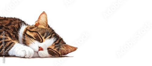 Fluffy tabby cat sleeping on white background with space for text or advertising. photo