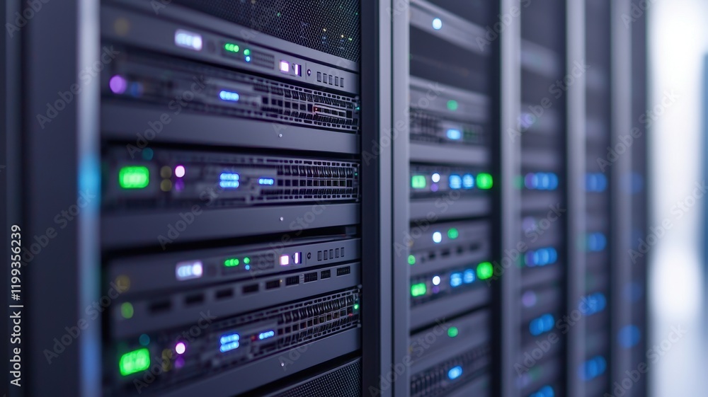 A close-up of server racks showcasing illuminated indicators, reflecting a modern data center environment with multiple storage units. A close-up of server racks showcasing illuminated indicators, reflecting a modern data center environment with multiple storage units.