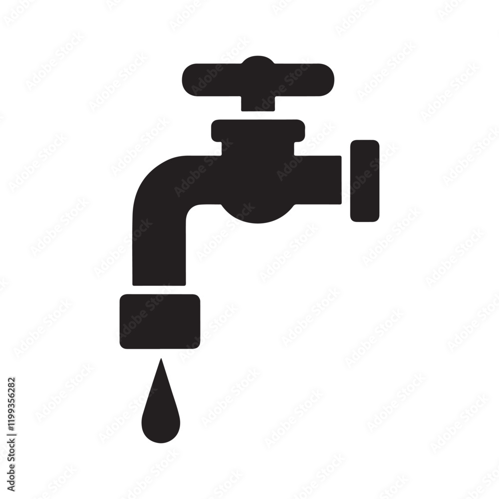 A simple black silhouette of a water faucet with a single drop of water dripping from the spout A simple black silhouette of a water faucet with a single drop of water dripping from the spout