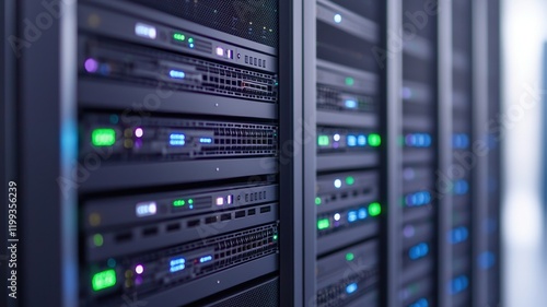 A close-up of server racks showcasing illuminated indicators, reflecting a modern data center environment with multiple storage units.