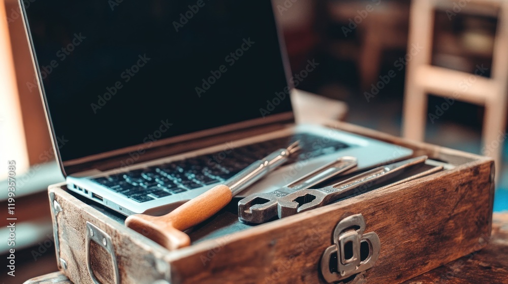 Laptop and Tools in Wooden Box: A Tech Repair Concept Laptop and Tools in Wooden Box: A Tech Repair Concept