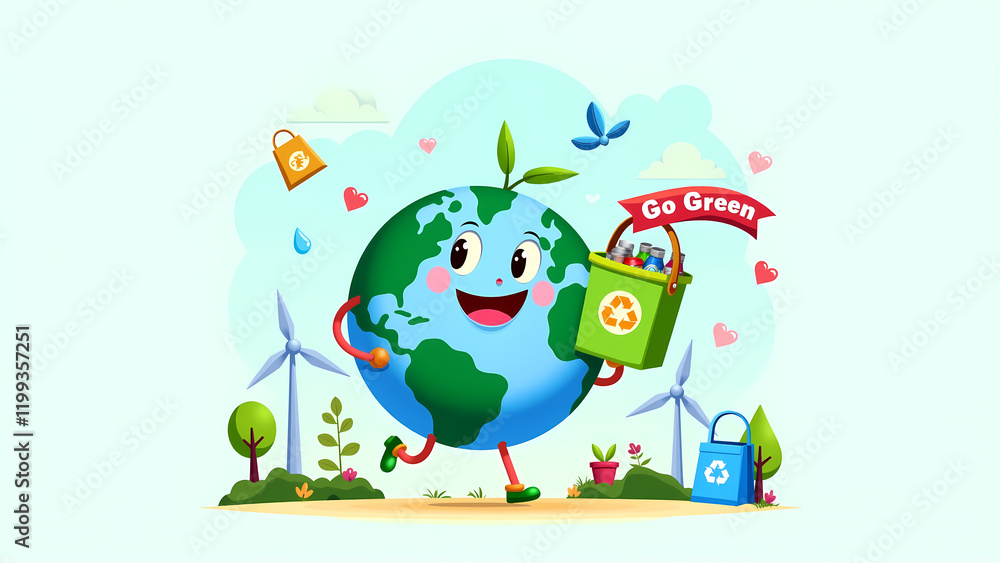 Fototapeta premium A cheerful Earth cartoon character promoting recycling and sustainability, holding a recycle bin with wind turbines, plants, and hearts in the background, symbolizing eco-friendly living.