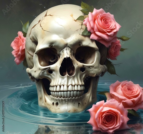 Illustration of human skull with roses.