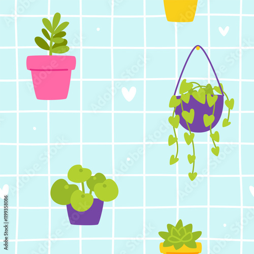 Doodle pattern with potted plants. Seamless vector cartoon floral print with flowerpots.