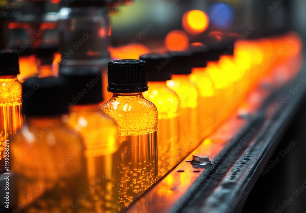 Bottles Filled with Bright Orange Liquid on a Production Line with Glowing Lights Creating a Captivating Industrial Atmosphere in a Modern Factory Setting Bottles Filled with Bright Orange Liquid on a Production Line with Glowing Lights Creating a Captivating Industrial Atmosphere in a Modern Factory Setting