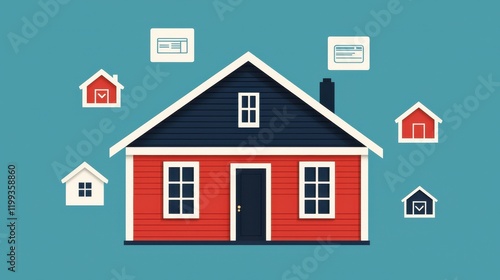 Wallpaper Mural A colorful illustration of a house surrounded by various smaller house icons, symbolizing real estate and housing options. Torontodigital.ca