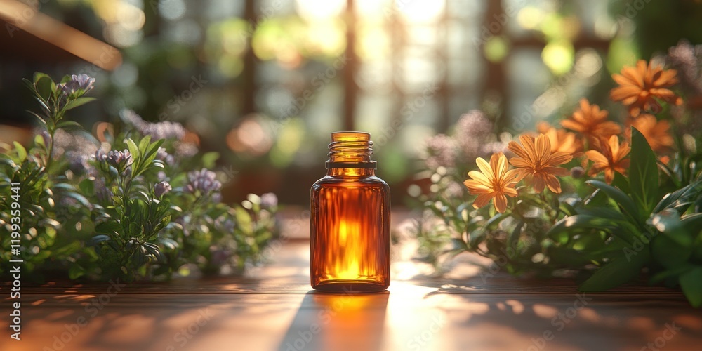 Amber Bottle of Essential Oil in Sunlit Garden Amber Bottle of Essential Oil in Sunlit Garden