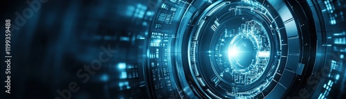 Sleek digital vault door emits soft glowing reflections against a dark metallic backdrop. Ideal for showcasing innovative financial concepts with clean space for text overlay