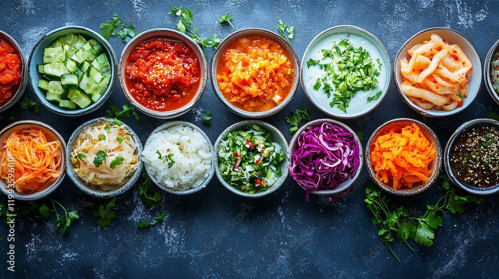A vibrant display of fermented foods, including kimchi, yogurt, sauerkraut, and kefir, highlighting their digestive health benefits. A vibrant display of fermented foods, including kimchi, yogurt, sauerkraut, and kefir, highlighting their digestive health benefits.